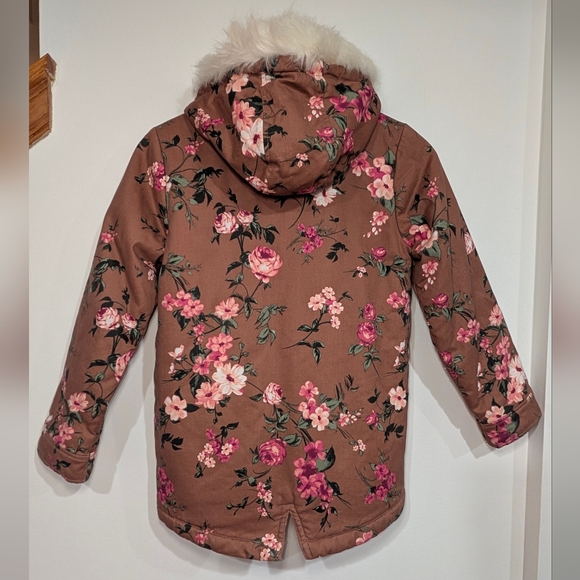 Childrens Place Girls XL14 Floral Brown Parka Jacket Faux Fur Hood Sherpa Lined - Picture 2 of 9